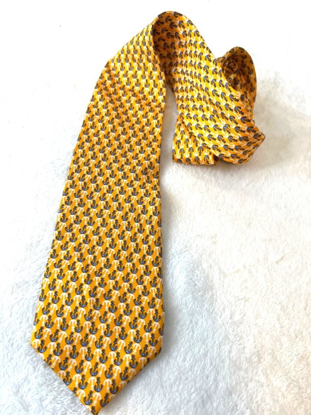 Pierre Cardin Anchor Tie Nauticial Ship Printed Necktie Silk Yellow blue White